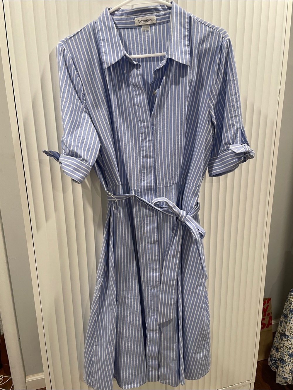 Calvin Klein Light Blue and White Striped Midi Shirt Dress
